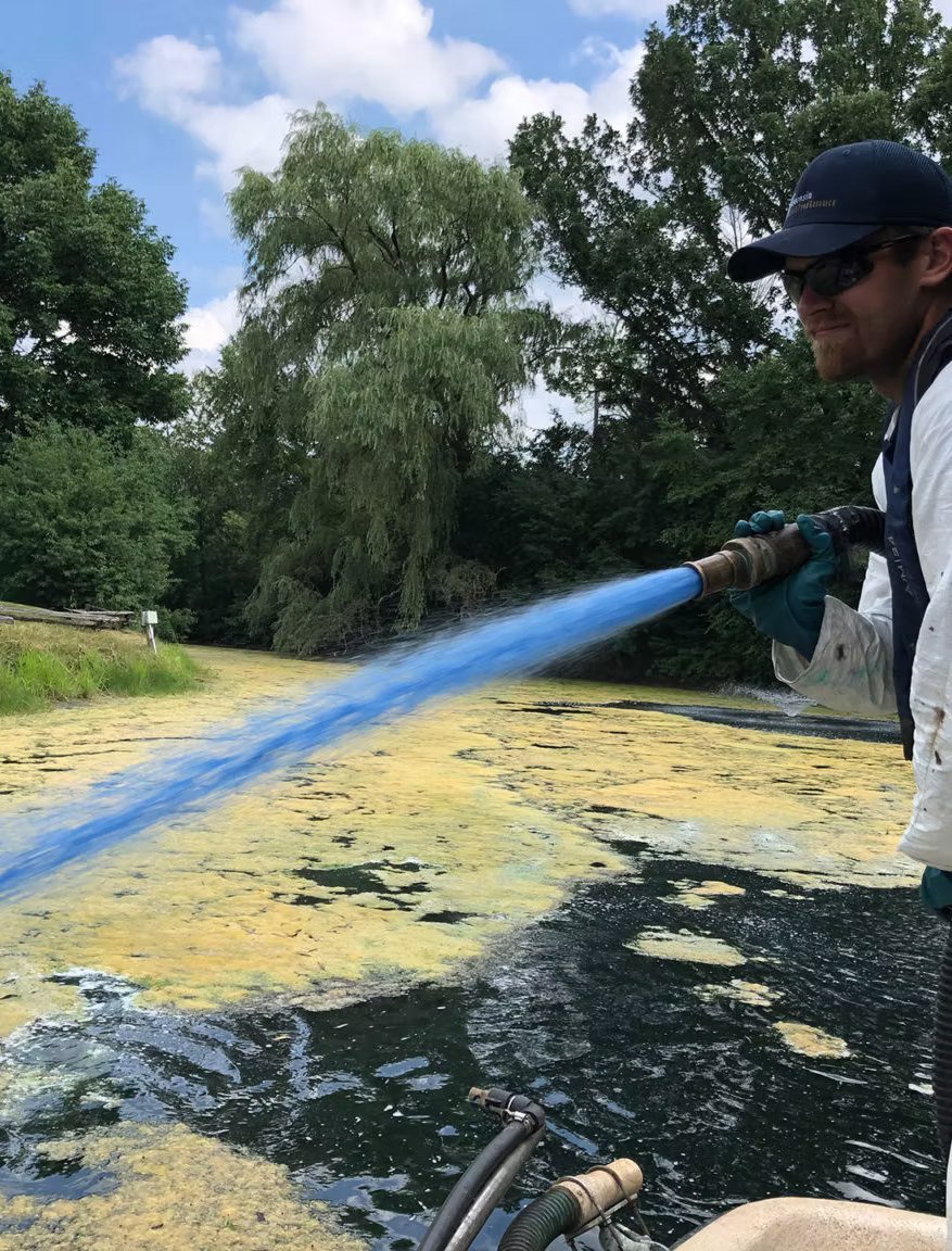 A technician spraying a blue treatment over algae on a pond