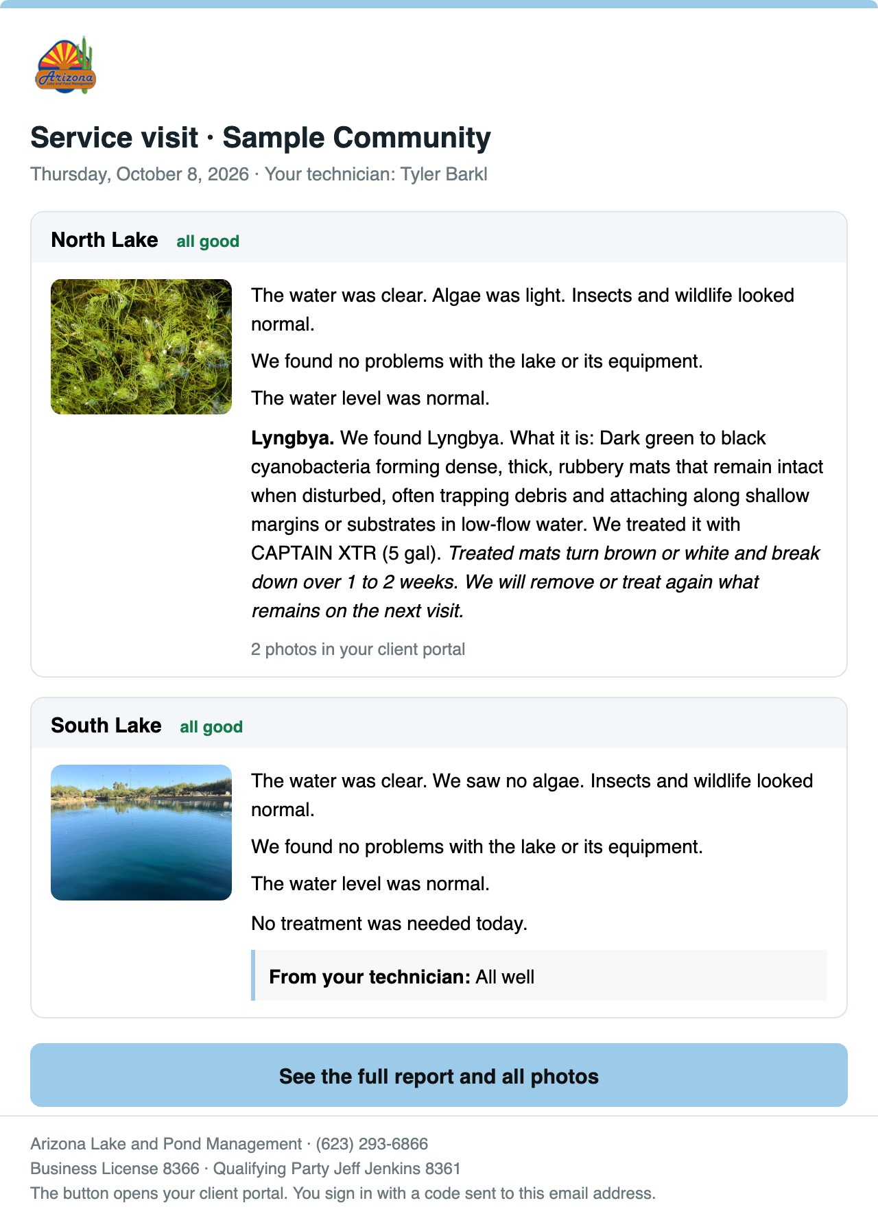 A sample visit email: photos, what we found and what we treated, for each lake