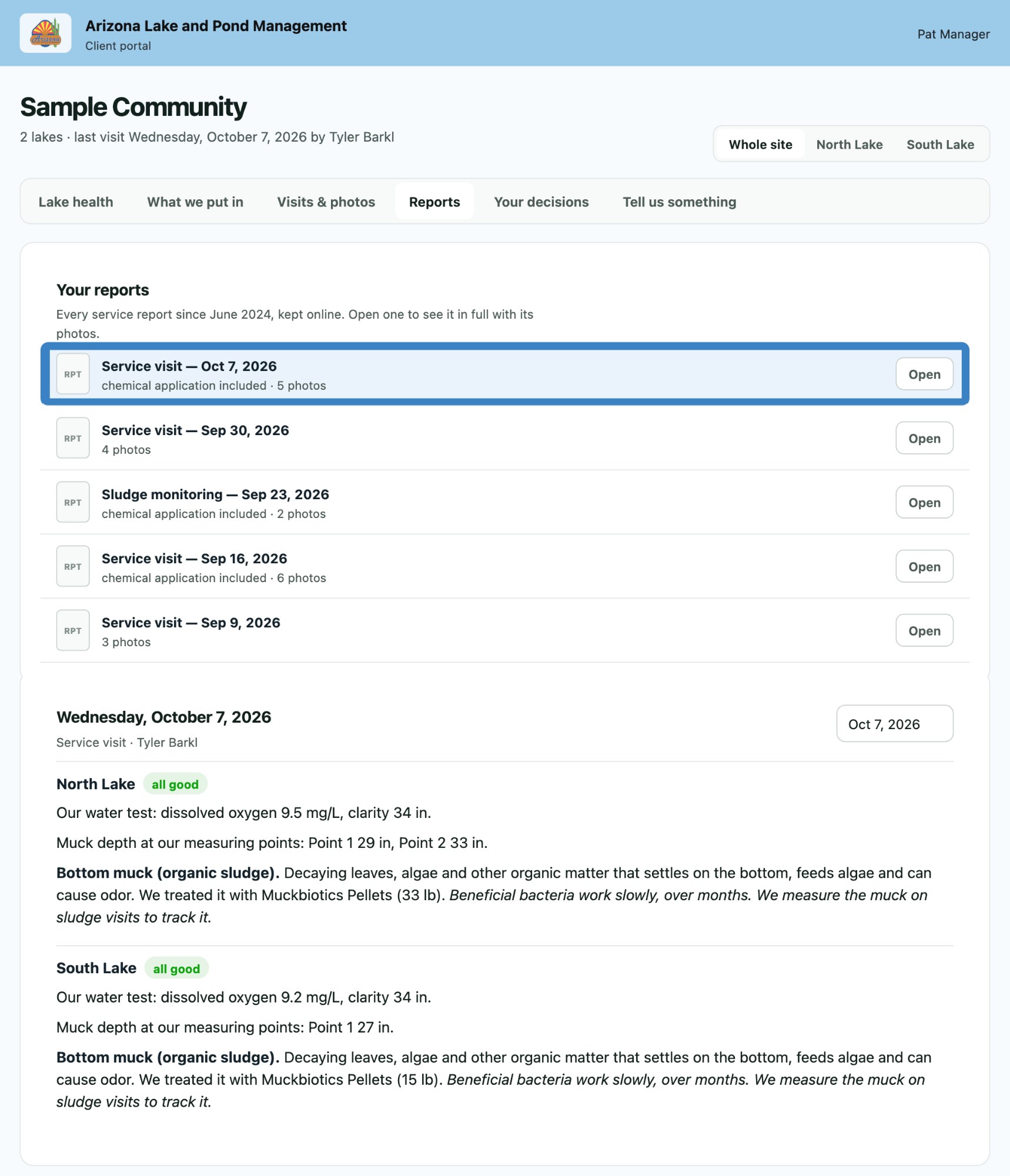A sample client portal: every past report listed, and the selected visit in full below